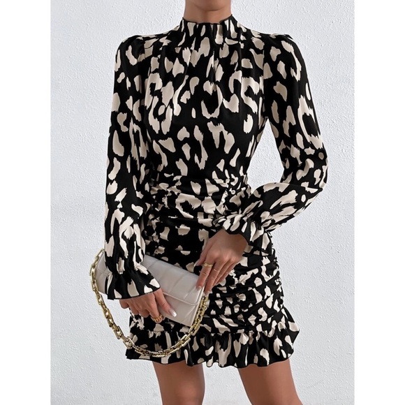 Luisa Allover Print Mock Neck Flounce Sleeve Ruched Ruffle Hem Dress - Picture 3 of 7